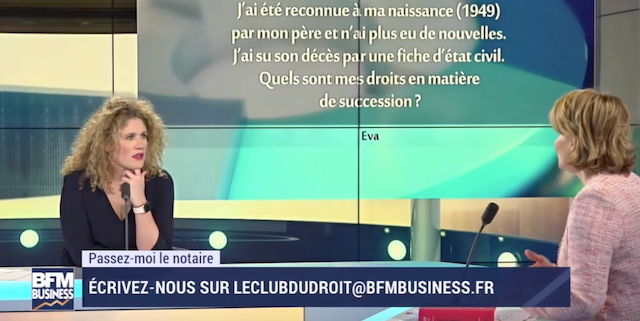 J’ai été reconnue à ma naissance (en 1949) par mon père et n’ai plus jamais eu de ses nouvelles. J’ai su son décès, qui a eu lieu il y a quelques années, par une fiche d’état civil que j’ai demandée. Quels sont mes droits en matière de succession, attendu que j’ignore quel notaire a réglé cette succession ? Nathalie Couzigou-Suhas, notaire, vous répond sur BFM Business dans l'émission "Le Club du Droit / Passez-moi le notaire". - Notaire Ville-d'Avray 92410 - Office Notarial Maître Delphine MARIE-SUTTER